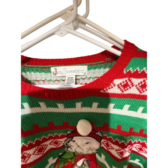 Jolly Sweaters Christmas Cat Ugly Sweater With Festive Knit Patterns & Pom Pom D - Picture 4 of 6